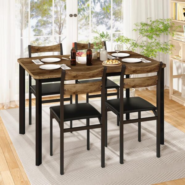 DKLGG Dining Table Set for 4, 43.3" Dining Room with 4 Upholstered PU Leather Chairs, Modern Wood Table and Chairs Set, 5-Piece Dinette Breakfast Nook, Small Places, Brown