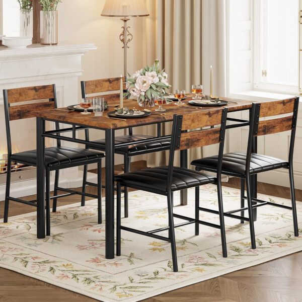 IRONCK Dining Table Set for 4, Wood Kitchen Table with Upholstered Chairs Dinning Table Set for Kitchen & Dining Room, Compact Dining Set for Small Spaces, Rustic Brown