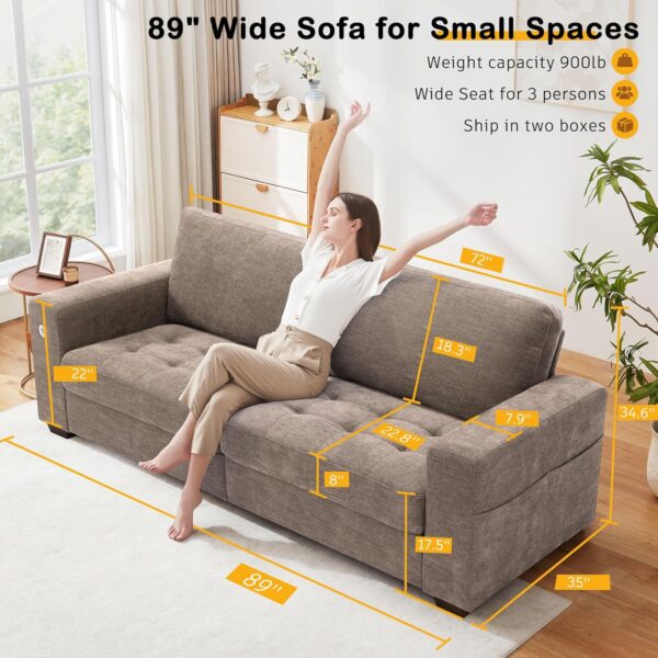 Hanherry Sofa for Living Room, Modern Comfy Sofa with Medium Firm Seat Cushion, Removable Cover,Wide Armrest,USB/Type-C Port,Chenille Fabric Couches for Small Space,Apartment (Brown, 89 inch)