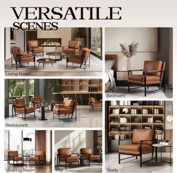 Yaheetech PU Leather Armchair, Retro Leisure Accent Chair with Extra Soft Padded and Cushion, Modern Reading Arm Chair with Black Metal Frame for Living Room/Office/Bedroom/Study, Light Brown