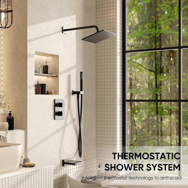 Esnbia Thermostatic Bathtub Faucet Set, All Metal Tub System with 3 Way Valve, 10 Inch Rain Shower Head with Handheld Spray Combo, Wall Mounted Shower Head Set, Matte Black