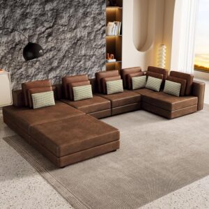 U-Shaped Sectional Sofa Modern Living Room Convertible Modular Sofa&Couch with Ottoman, Faux Leather Upholstered Leisure Seat Group Sofa Couch W/Many Pillows for Home/Office/Apartment