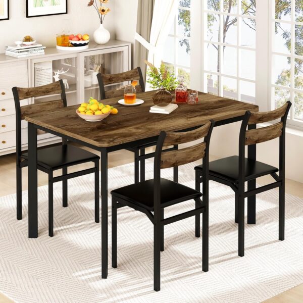 DKLGG Dining Table Set for 4, 43.3" Dining Room with 4 Upholstered PU Leather Chairs, Modern Wood Table and Chairs Set, 5-Piece Dinette Breakfast Nook, Small Places, Brown