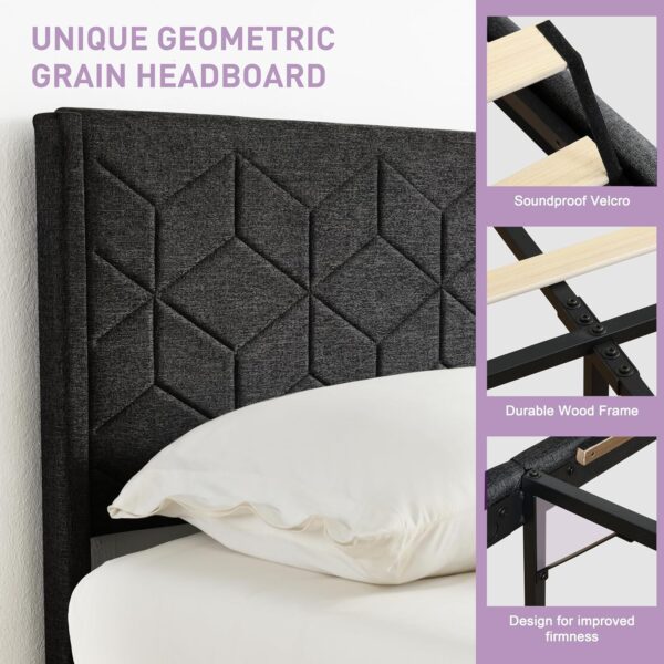 Queen Size Platform Bed Frame with Fabric Upholstered Headboard and Strong Wooden Slats Support,Mattress Foundation,No Box Spring Needed,Easy Assembly (Black, Queen)