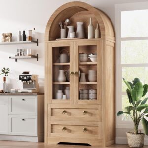 Kitchen Pantry Cabinet,Arched Cabinet,Pantry Cabinet, Arched Bookshelf/Bookcase,China Cabinet, 71“ Tall Pantry Storage Cabinet with Doors/Shelves/Drawers for Living Room, Kitchen, Dining Room,Natural