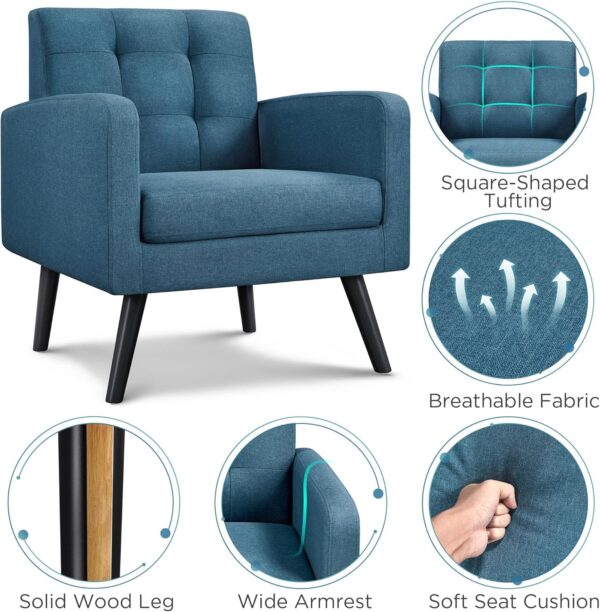 Yaheetech Mid-Century Accent Chairs, Modern Upholstered Living Room Chair, Cozy Armchair Button Tufted Back and Wood Legs for Bedroom/Office/Cafe, Navy Blue