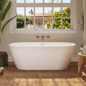 FerdY Nauru 67" Acrylic Freestanding Bathtub, Ergonomic Lightweight Classic Oval Soaking Bathtub with Toe-Tap Chrome Drain, Classic Slotted Overflow, Glossy White