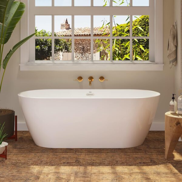 FerdY Nauru 67" Acrylic Freestanding Bathtub, Ergonomic Lightweight Classic Oval Soaking Bathtub with Toe-Tap Chrome Drain, Classic Slotted Overflow, Glossy White