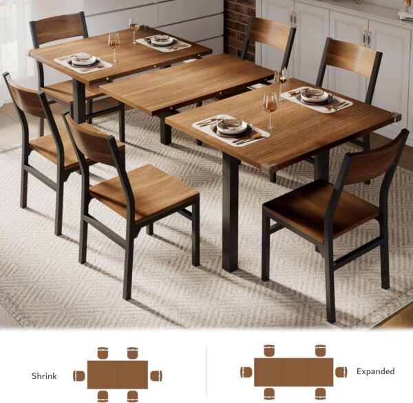 iPormis 7-Piece Dining Table Set with 6 Chairs, 63" Extendable Kitchen Table & Chairs Set for 4-6, Dining Room Table with Metal Frame & MDF Board, Perfect for Small Space, Easy Clean, Walnut