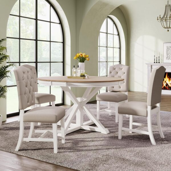 5 Piece Extendable Dining Table Set, Farmhouse Kitchen Table Set with 4 Upholstered Chairs, Solid Wood Table and Chairs Set for Kitchen, Dining Room, White
