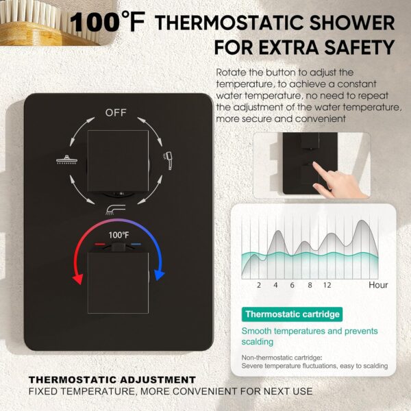 Esnbia Thermostatic Bathtub Faucet Set, All Metal Tub System with 3 Way Valve, 10 Inch Rain Shower Head with Handheld Spray Combo, Wall Mounted Shower Head Set, Matte Black