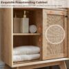 Natural Rattan Small Bathroom Cabinet, Modern Boho Storage Cabinet with Sliding Door & 3 Storage Drawers, Mid Century Small Freestanding Cabinet for Bathroom, Kitchen, Dining Room Storage, Oak