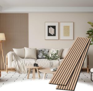 Wood Slat Wall Panels, 2 Pack Accent Decorative Acoustic Wood Slats for Wall and Ceilings, Acoustic Panels for Interior Wall Décor on Felt Back Board, Oak, 8 x 1 ft