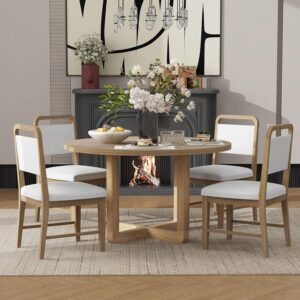 Merax 5-Piece Retro Dining Set, Round Table Top with Radial Wood Grain Design and 4 Upholstered Chairs for Dining Room and Kitchen, Natural Wood Wash