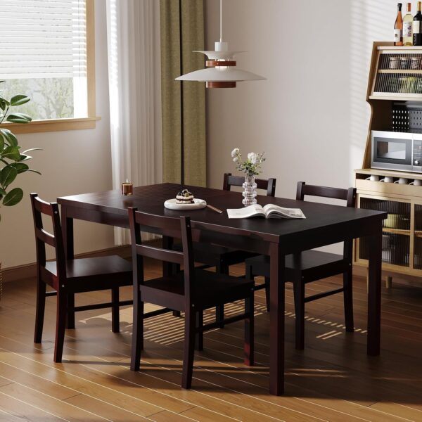 5-Piece Solid Wood Indoor Modern Rectangular Dining Table Set for 4,Table and 4 Solid Wood Dining Chairs for Kitchen,Bar,Living Room,Breakfast Nook, Chocolate