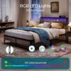 LINSY Full Bed Frame with Storage, Ergonomic Headboard, 14 inch Fast Assembly Metal Bed with Lights, Outlets & USB, Full Size, Noise Free, No Box Spring Needed, Greige