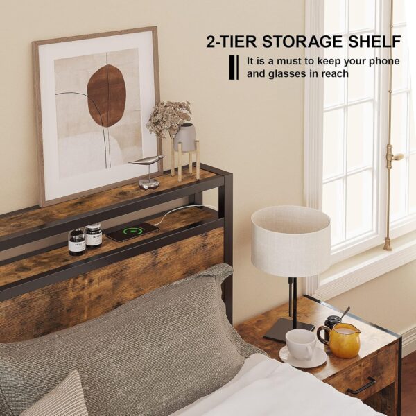LIKIMIO Full Bed Frame, Platform Bed Frame Full with 2-Tier Storage Headboard and Strong Support Legs, More Sturdy, Noise-Free, No Box Spring Needed, Vintage Brown