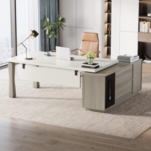 Tribesigns 78.7-Inch Executive Desk, L-Shaped Desk with Cabinet, Large Office Desk with Storage Shelves, Writing Table Desk Business Furniture Set for Home Office, Gray and Cream White