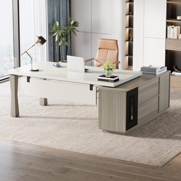 Tribesigns 78.7-Inch Executive Desk, L-Shaped Desk with Cabinet, Large Office Desk with Storage Shelves, Writing Table Desk Business Furniture Set for Home Office, Gray and Cream White