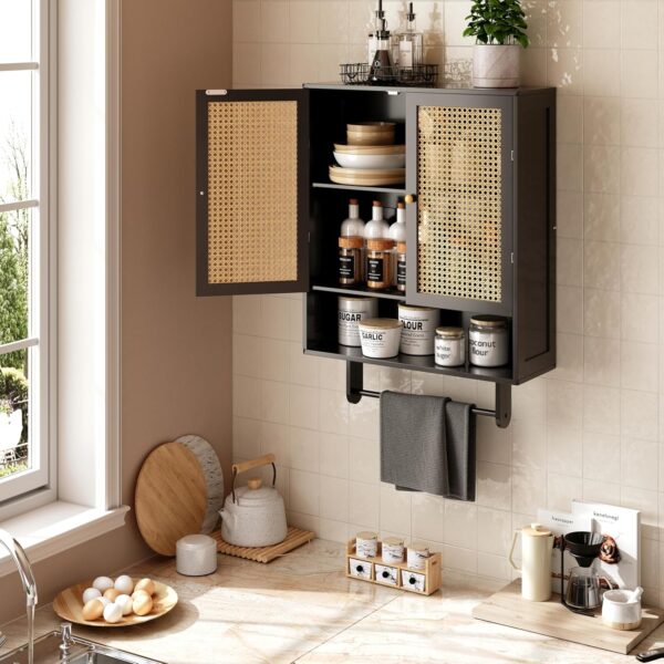 Bathroom Wall Cabinets, Bamboo Medicine Cabinets with Adjustable Shelves, Wall Mounted Bathroom Storage Cabinet, 2 Doors Over The Toilet Storage for Bathroom, Kitchen, Entryway, Black