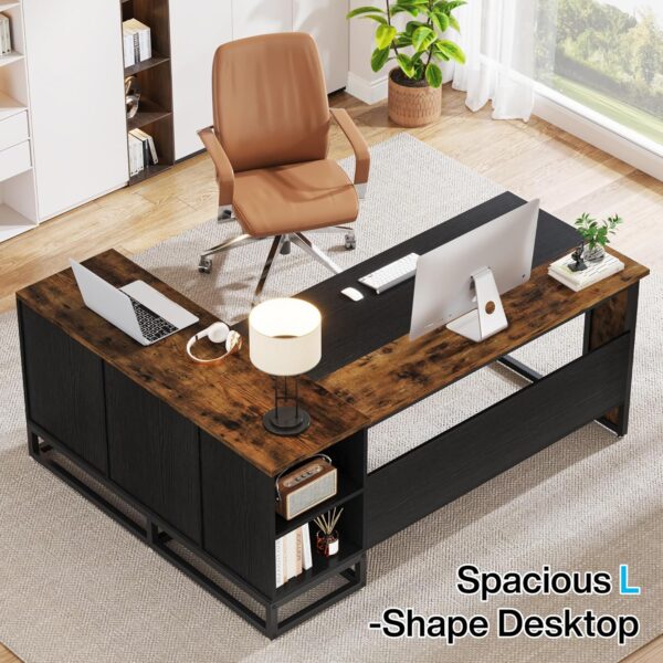 Tribesigns 63" L-Shaped Executive Desk, Large Office Desk with Drawers and Shelves, Rustic Long Business Furniture Desk with File Cabinet Storage Space, Home Office Workstation, Brown & Black