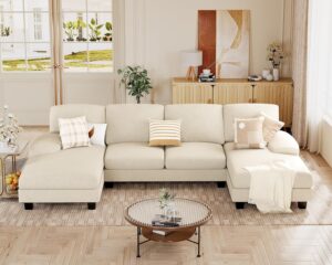JUMMICO Sectional Couches for Living Room, U Shaped Couch with Chenille Fabric, 4 Seat Modern Sofa with Removable Pillows for Apartment and Small Space (Corduroy, Beige)