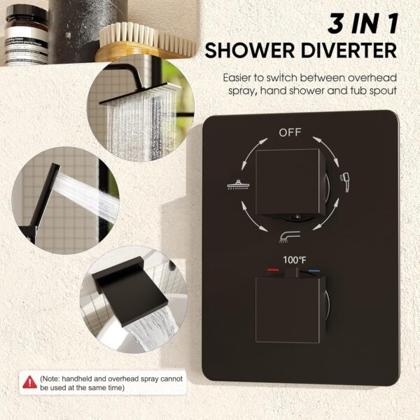 Esnbia Thermostatic Bathtub Faucet Set, All Metal Tub System with 3 Way Valve, 10 Inch Rain Shower Head with Handheld Spray Combo, Wall Mounted Shower Head Set, Matte Black
