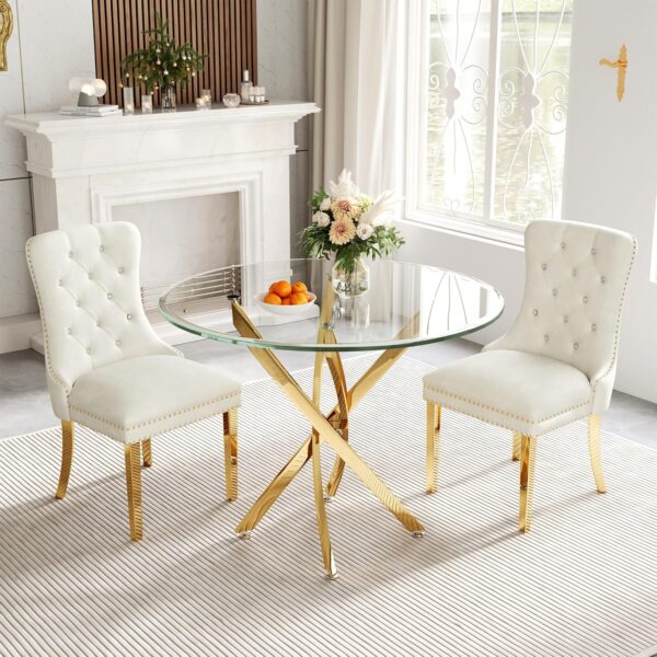 36" Round Glass Dining Table Set for 4, 5-Piece Modern Kitchen Table with 4 White Velvet Chairs, Modern Circle Leisure Table for Home Office Dining Room Small Spaces (Gold Leg)