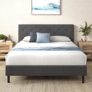 Zinus Queen Shalini Upholstered Platform Bed Frame with Headboard [New WonderBox(TM) Version], Wooden Slat Support, No Box Spring Needed, Easy Assembly, Eco Friendly Packaging, Dark Grey