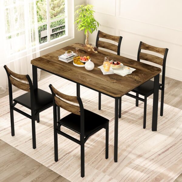 DKLGG Dining Table Set for 4, 43.3" Dining Room with 4 Upholstered PU Leather Chairs, Modern Wood Table and Chairs Set, 5-Piece Dinette Breakfast Nook, Small Places, Brown