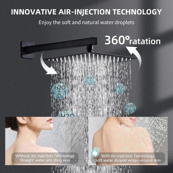 Shower Faucet Set Complete, Shower System Black with 12 inch Square Rainfall Shower Head 3-Function Handheld Shower Waterfall Bathtub Spout Rain Shower Combo Bathroom Wall Mounted fit All Valve Types