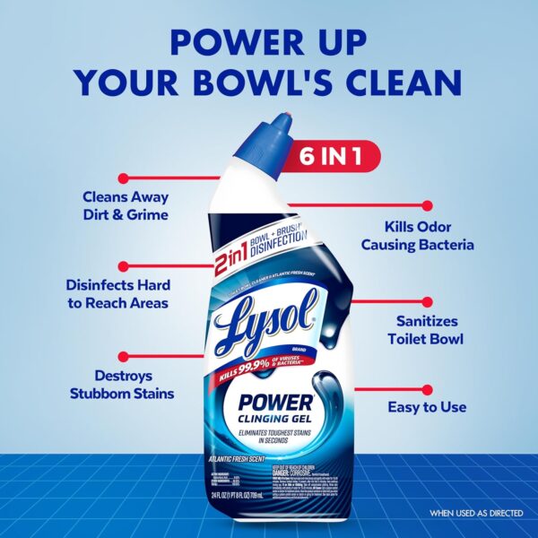 Lysol Toilet Bowl Cleaner, Max Strength Bathroom Cleaning Supplies, Toilet Bowl Cleaner Clinging Gel, Home Essential, Instant Stain Removal, Disinfecting and Deodorizing, Bleach Free, 24 oz (9 ct)