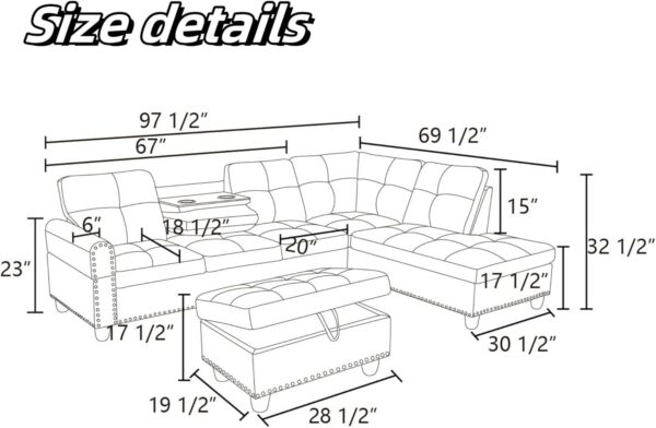 Leather Sectional Couch Sofa, Modern Nail-Head Design L Shaped Sectional Sofa for Living Room, 4 Seat L Couch with Cup Holder for Bedroom Apartment, Red