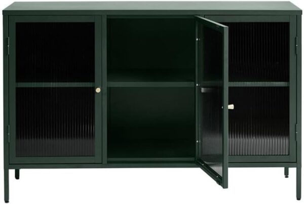 41n6Zg9jHXL._AC_SL1000_.jpg Modern Tempered Fluted Glass & Steel Sideboard with 3 Hinged Doors, 2 Adjustable Shelves, Bookcases, Cabinets, Entertainment, Filing & Storage for Home Office, Kitchen, 52x15.75x33.5 in.