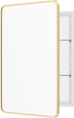 WallBeyond WallByond Bathroom Medicine Cabinet with Mirror, 24x36 Inch Gold Recessed Medicine Cabinet with Round Corner Aluminum Alloy Metal Framed, Single Door Modern MedicineMabinet with Storage