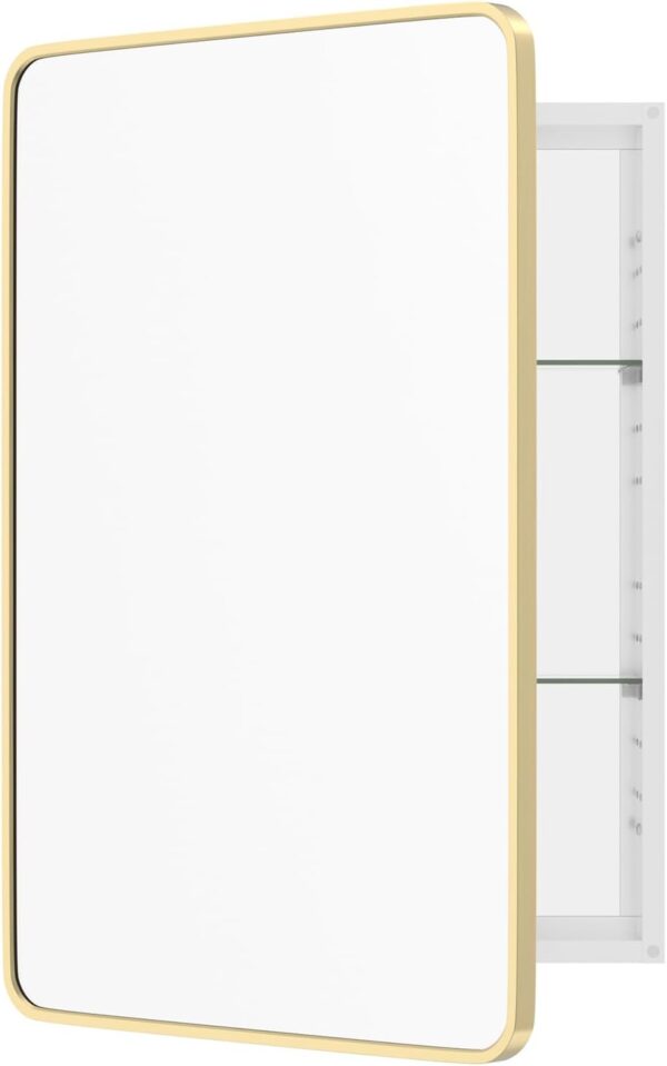 WallBeyond WallByond Bathroom Medicine Cabinet with Mirror, 24x36 Inch Gold Recessed Medicine Cabinet with Round Corner Aluminum Alloy Metal Framed, Single Door Modern MedicineMabinet with Storage