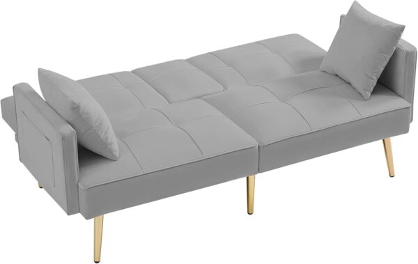 Modern Velvet Upholstered Convertible Folding Futon Sofa Bed Adjustable Recliner Lounge Loveseat Couch Sofacama with Golden Metal Legs, 2 Cup Holders ,Throw Pillows for Living Room Apartment Office