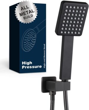 POP SANITARYWARE All Metal Matte Black Handheld Shower Head, Luxury High Pressure Showerhead Kit with Wall Connector and Hose Set, for Bathroom Showering System Contemporary Square Style, Matte Black