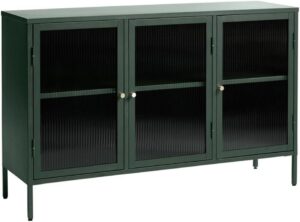 Modern Tempered Fluted Glass & Steel Sideboard with 3 Hinged Doors, 2 Adjustable Shelves, Bookcases, Cabinets, Entertainment, Filing & Storage for Home Office, Kitchen, 52x15.75x33.5 in.