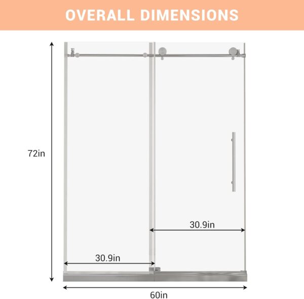 Shower Door, Sliding Shower Door with Explosion-Proof Film Clear Glass, Frameless Tempered Glass Shower Door with Stainless Steel Handle & Waterproof Seal Strip Parts