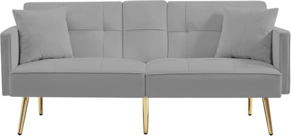 Modern Velvet Upholstered Convertible Folding Futon Sofa Bed Adjustable Recliner Lounge Loveseat Couch Sofacama with Golden Metal Legs, 2 Cup Holders ,Throw Pillows for Living Room Apartment Office
