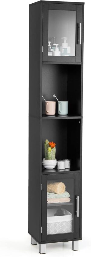 Tangkula Tall Bathroom Cabinet, Home Living Room Wood Storage Cabinet Free Standing w/ 4 Shelves and 2 Glass-Paneled Doors Suitable Tall Bathroom Cabinet