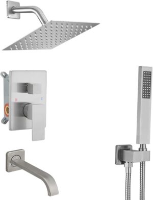 Brushed Nickel Shower System Bathroom Shower Faucet Set with Tub Spout Wall Mounted 8 Inch Shower Head and Handle Set with Handheld 3 Function Tub and Shower Trim Kit with Valve