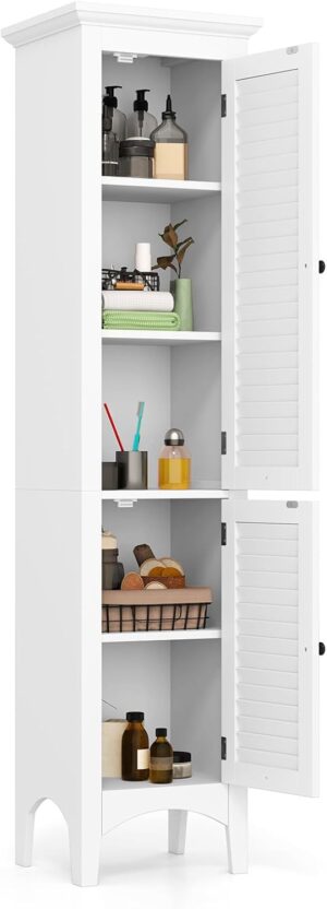 Tangkula 63" Tall Bathroom Storage Cabinet, Freestanding Narrow Linen Tower with Adjustable Shelf, Modern Slim Floor Cabinet with 2 Doors for Bathroom, Living Room, Kitchen (White)