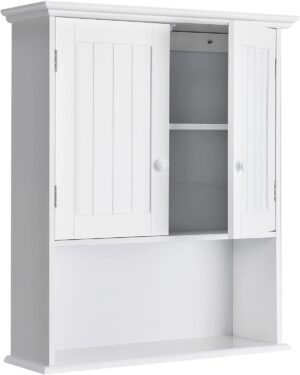 Tangkula Wall Mount Bathroom Cabinet Wooden Medicine Cabinet Storage Organizer with 2-Doors and 1-Shelf Cottage Collection Wall Cabinet (White)