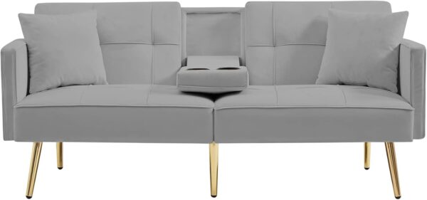 Modern Velvet Upholstered Convertible Folding Futon Sofa Bed Adjustable Recliner Lounge Loveseat Couch Sofacama with Golden Metal Legs, 2 Cup Holders ,Throw Pillows for Living Room Apartment Office