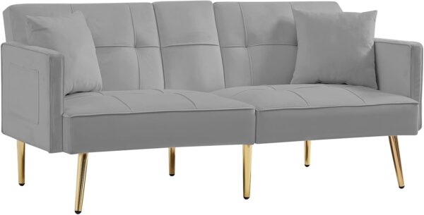 Modern Velvet Upholstered Convertible Folding Futon Sofa Bed Adjustable Recliner Lounge Loveseat Couch Sofacama with Golden Metal Legs, 2 Cup Holders ,Throw Pillows for Living Room Apartment Office