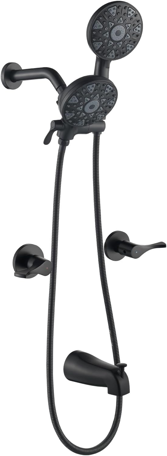 2 Handle Shower Faucet Set with Tub Spout Bathtub Shower Faucet Combo Set Shower System Complete Tub and Shower Trim Kit Matte Black Wall Mounted Two Handles Shower Fixtures