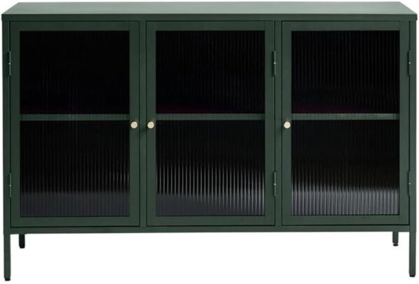 51q5BDjIMHL._AC_SL1000_.jpg Modern Tempered Fluted Glass & Steel Sideboard with 3 Hinged Doors, 2 Adjustable Shelves, Bookcases, Cabinets, Entertainment, Filing & Storage for Home Office, Kitchen, 52x15.75x33.5 in.