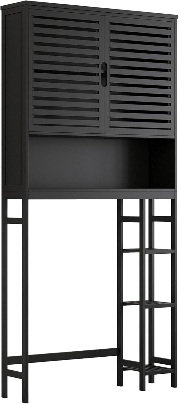 Over The Toilet Storage Cabinet, Bamboo Bathroom Cabinet with Adjustable Inside Shelf and Open Shelves, Freestanding Space-Saving Toilet Rack with Anti-Tip Design for Bathroom, Laundry, Black